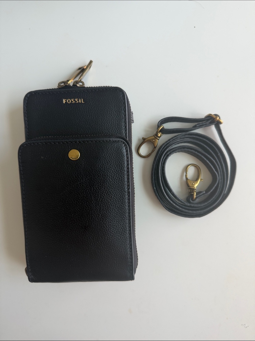Fossil Black Leather Phone Crossbody with Gold-Tone Hardware